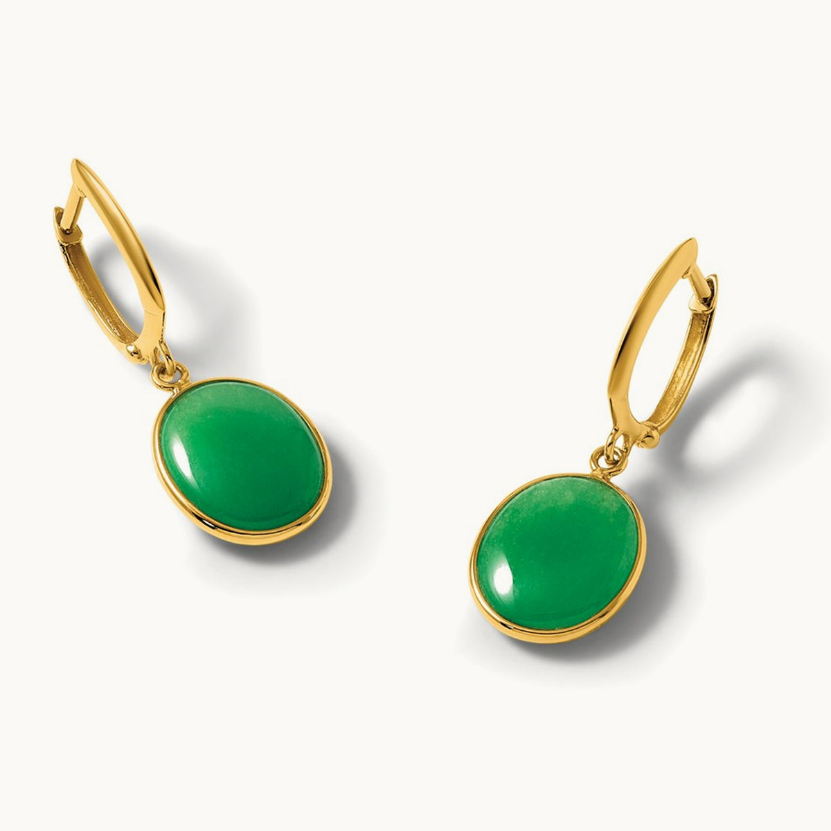 Polished Oval Jade Dangle Hinged Hoop Earrings, 14K