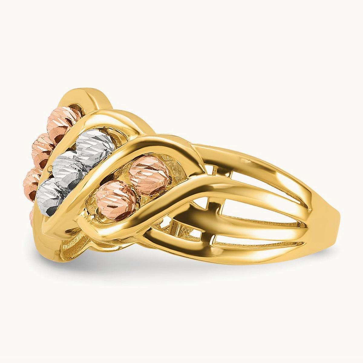 Tri-color Polished and Diamond-cut Beads Fashion Ring, 14K