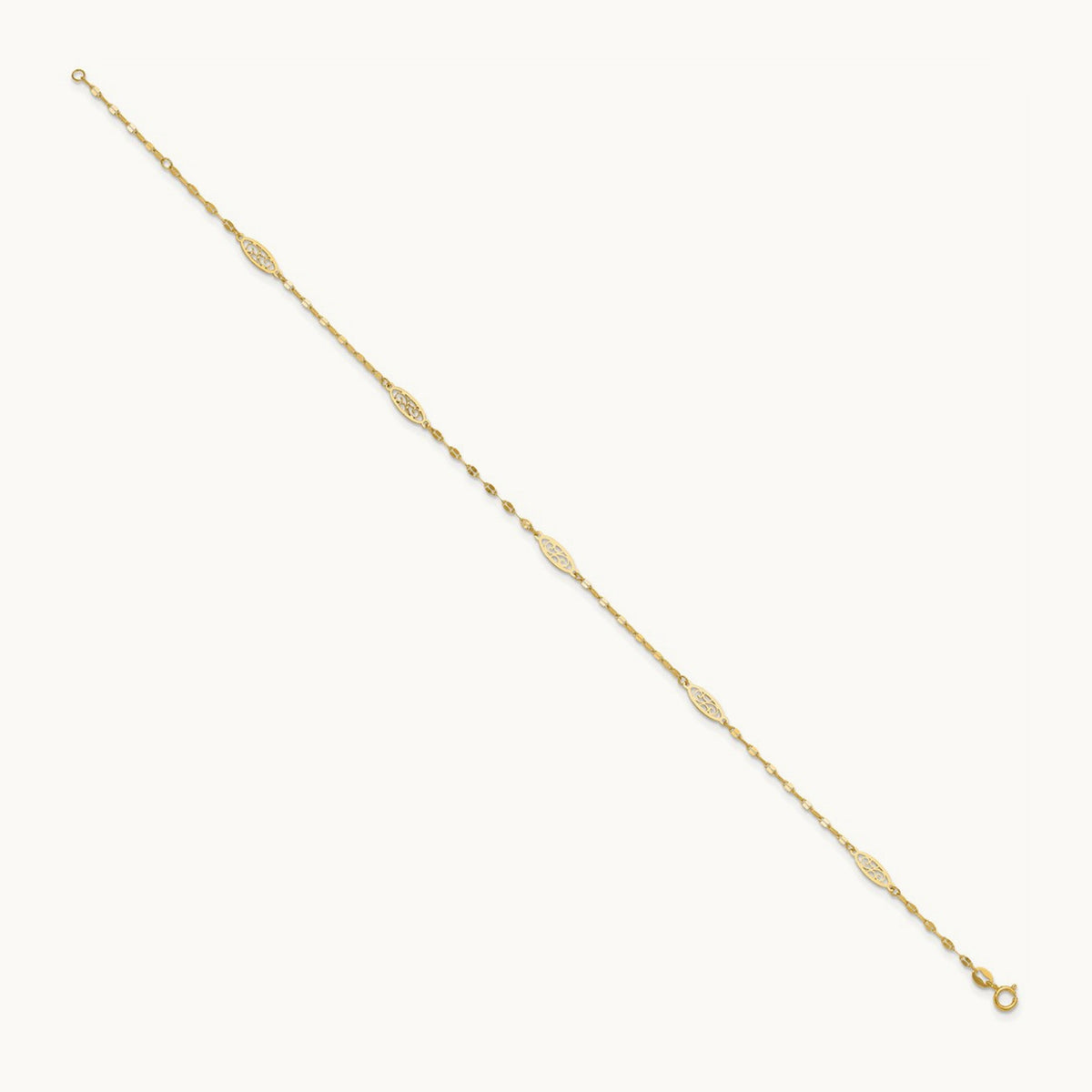 Polished Fancy Filigree Link 9in Plus 1 in ext. Anklet, 14K