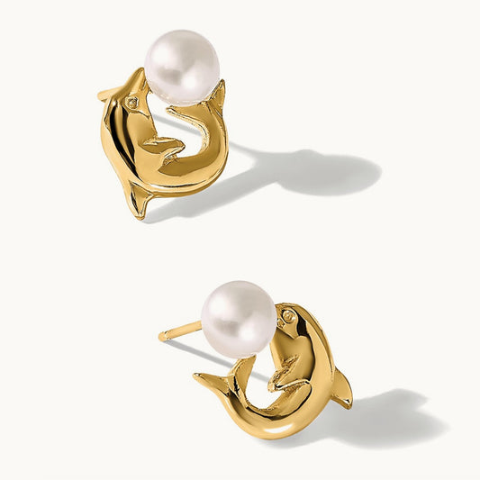 5- Button White FWC Pearl Dolphin Post Earrings, 6mm, 14K