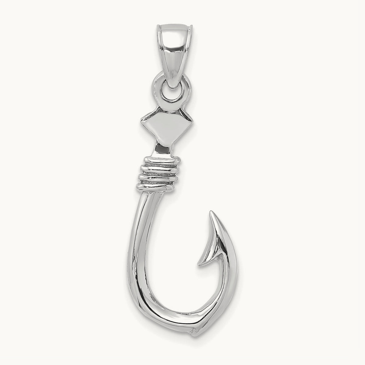 3-D Large Fish Hook with Rope Charm — 14K White Gold