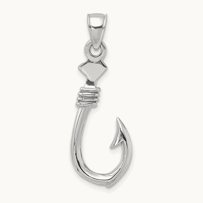 3-D Large Fish Hook with Rope Charm — 14K White Gold