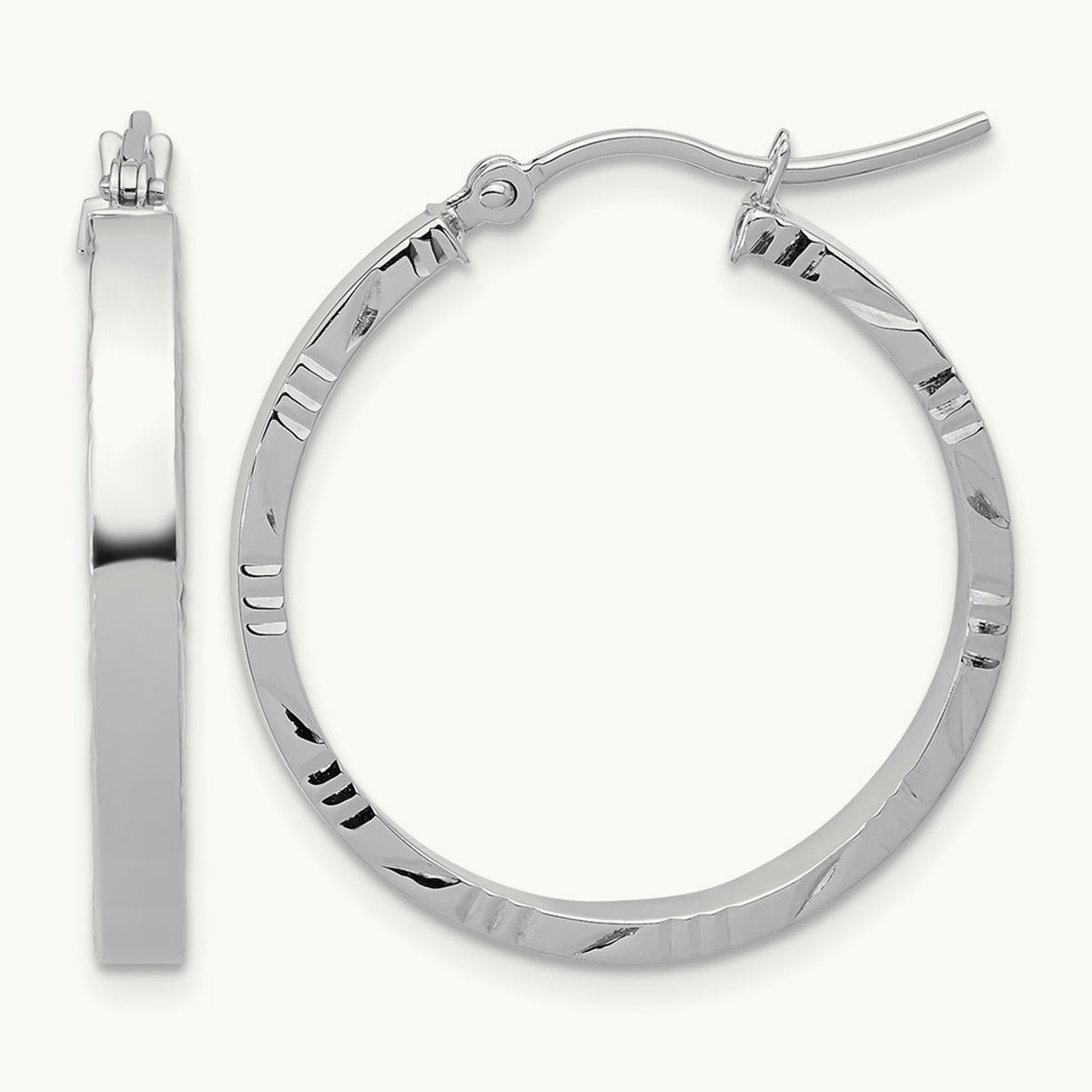 Diamond-cut Edge Medium Polished Hoop Earrings — 14K White Gold