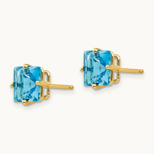 Princess Cut Blue Topaz Earrings, 7mm, 14K