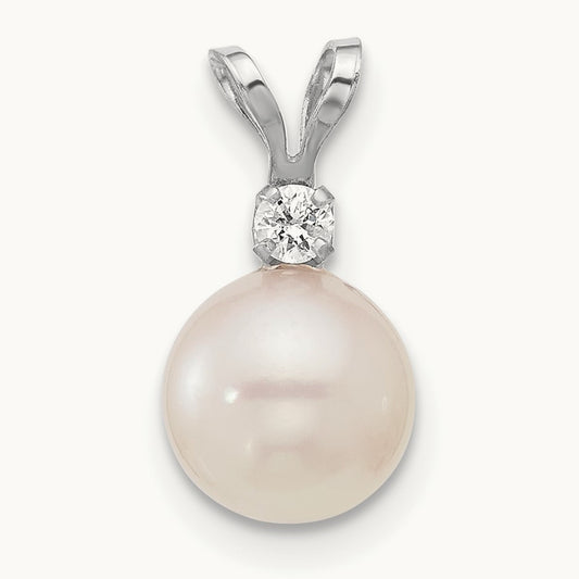7- Round White Saltwater Akoya .05ct Diamond Pendant, 8mm, 14K White Gold