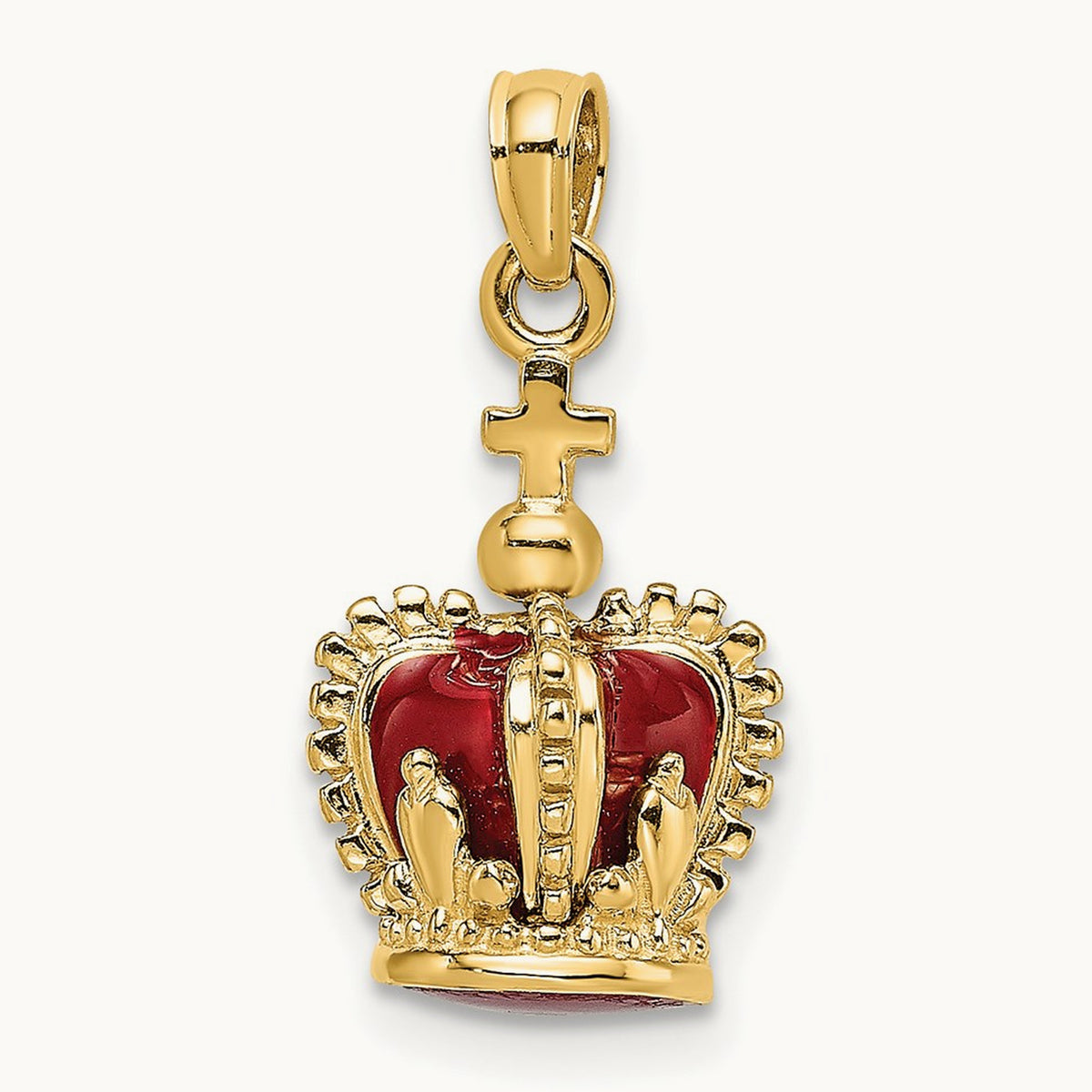 3-D w/ Red Enamel Inside Crown w/ Cross On top Charm, 14K