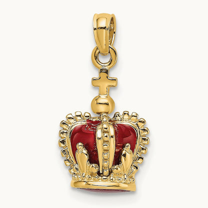 3-D w/ Red Enamel Inside Crown w/ Cross On top Charm, 14K