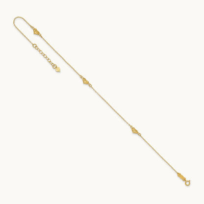 Polished Diamond-cut Triple Puffed Hearts 10in Plus 1in. Ext. Anklet, 14K