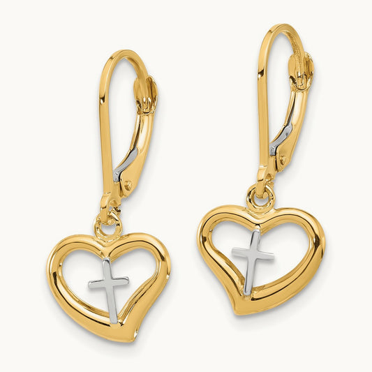 Polished Cross in Heart Leverback Dangle Earrings, 14K Two-tone