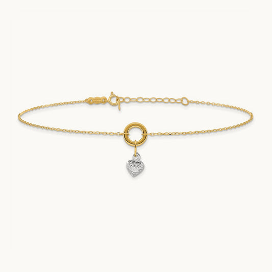 Circle with Diamond Cut Puff Heart 9in Plus 1in ext Anklet, 14K Two-tone