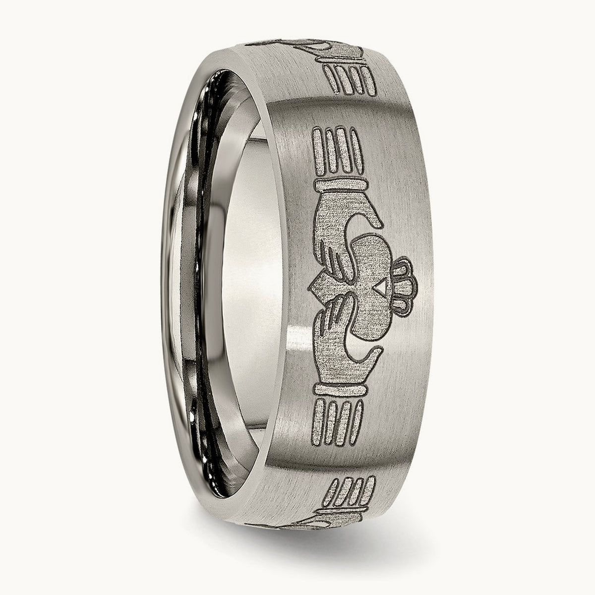 Brushed Claddagh Laser Design Band — photo set (2)