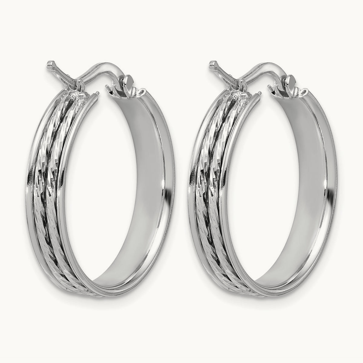 Rhodium-plated Polished and Diamond-cut Round Hoop Earrings — 25x5mm