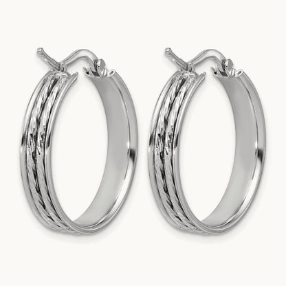 Rhodium-plated Polished and Diamond-cut Round Hoop Earrings — 25x5mm