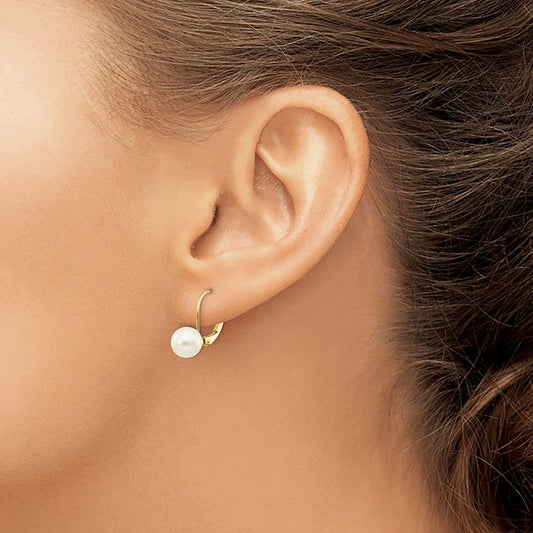 Round Freshwater Cultured Pearl Leverback Earrings — 14K Yellow Gold