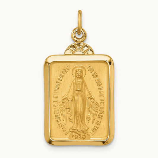 Solid Polished/Satin Rectangle w/Fan Top Miraculous Medal, 14K