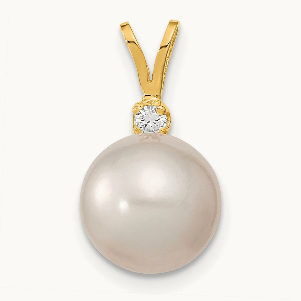 Round White Saltwater South Sea Pearl .05ct Diamond Pendant, 10mm in 14K Yellow Gold