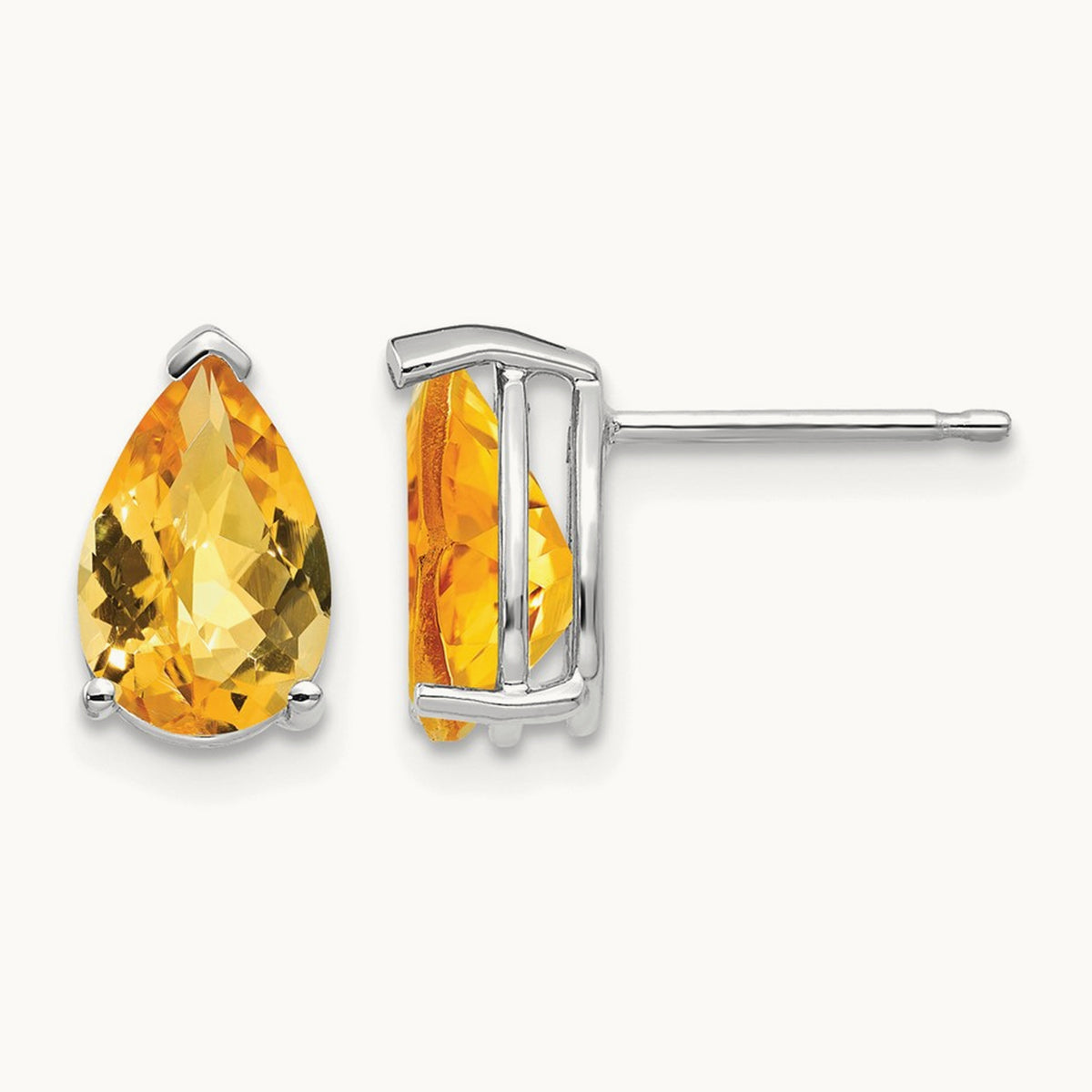 9x6mm Pear Citrine Checker Earrings, 14K White Gold