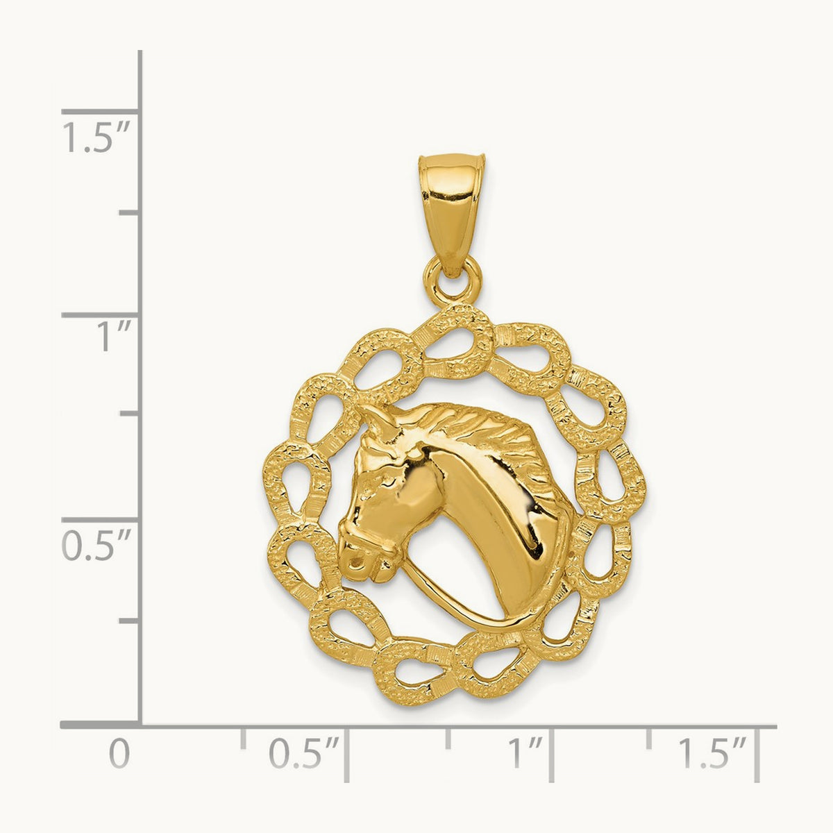 Solid Polished Horse Head in Horseshoes Pendant, 14K