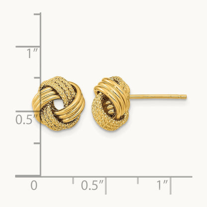 Polished Textured Love Knot Post Earrings — 14K Yellow Gold, 10mm