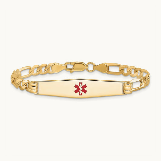 Medical Soft Diamond Shape Red Enamel Flat Figaro Link ID Bracelet, 14K