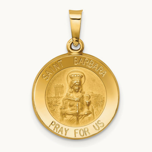 Polished and Satin St. Barbara Medal Hollow Pendant, 14K