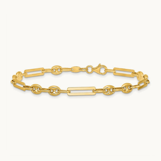 Polished Fancy Mixed Link w/Puffed Mariner 7.5 in Bracelet, 14K