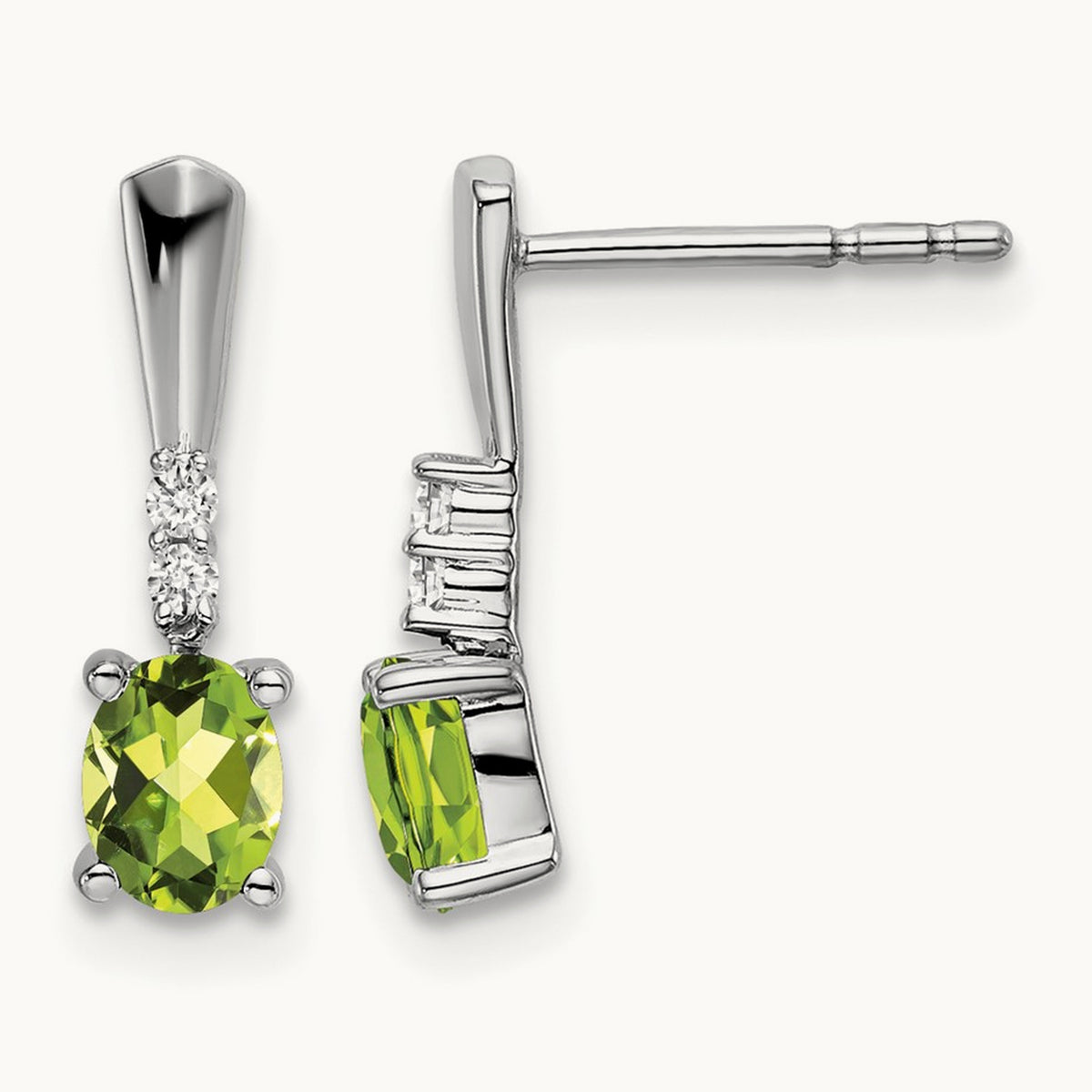 Oval Peridot and Diamond Dangle Earrings, 14K White Gold