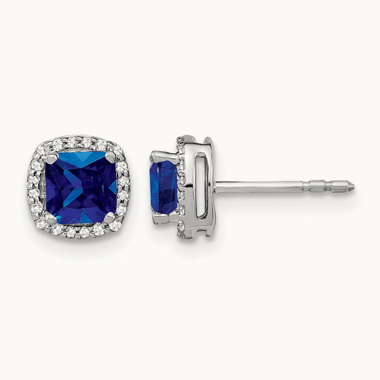 Cushion Sapphire and Diamond Halo Earrings, 14K White Gold