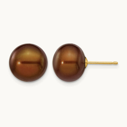 10- Brown Button Freshwater Cultured Pearl Stud Post Earrings, 11mm, 14K