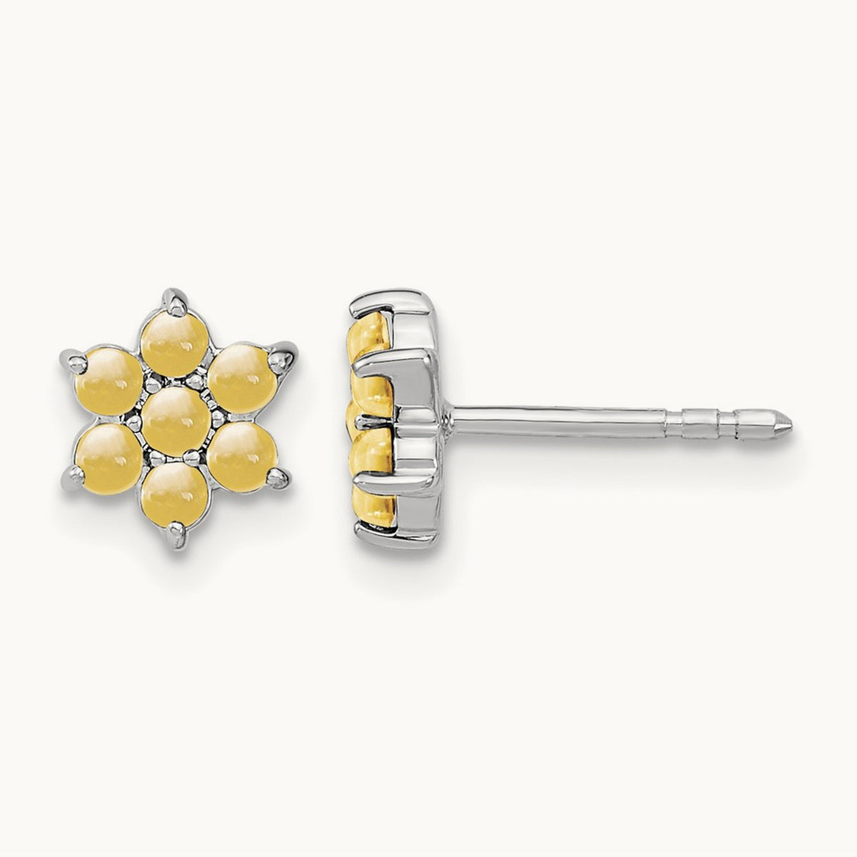 Citrine Floral Post Earrings, 14K White Gold