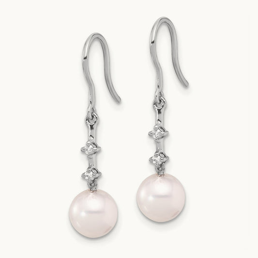 7- Wht Akoya Pearl .04ct Dia Shepherd Hook Earrings, 8mm, 14K White Gold