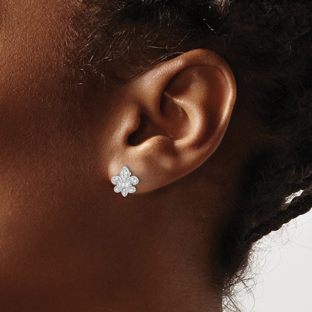 Diamond Fleur de Lis Post Earrings — 14K White Gold