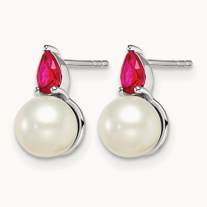 FWC Pearl and Ruby Post Earrings, 14K White Gold