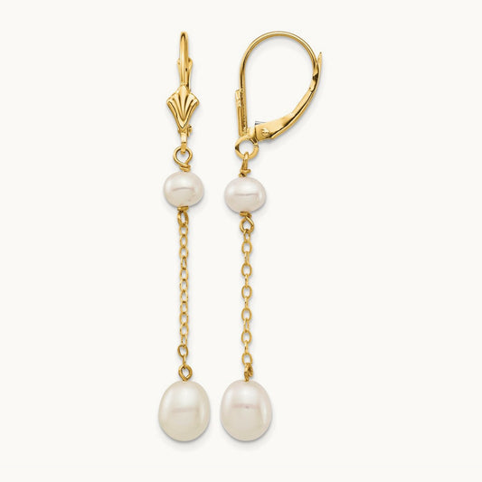 5- White Rice Freshwater Cultured Pearl Leverback Earrings, 7mm, 14K