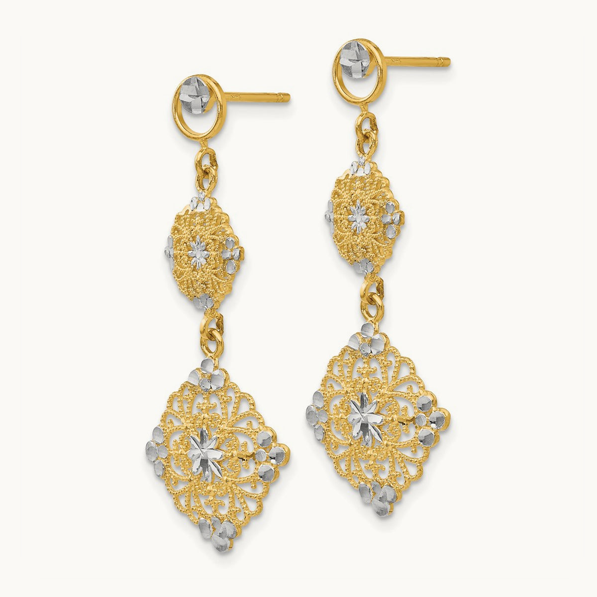Diamond-cut Filigree Dangle Earrings — 14K Two-Tone Gold