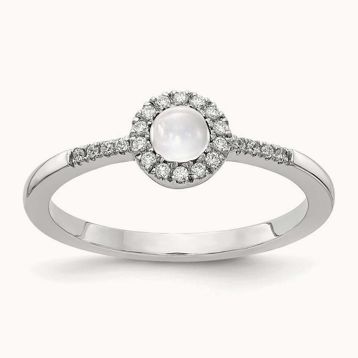 Diamond and Cabochon White Topaz Ring, 14K White Gold
