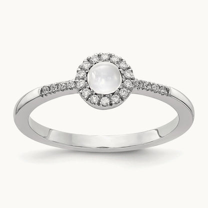 Diamond and Cabochon White Topaz Ring, 14K White Gold