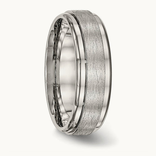Brushed and Polished Ridged Edge Band, 7mm, Stainless Steel