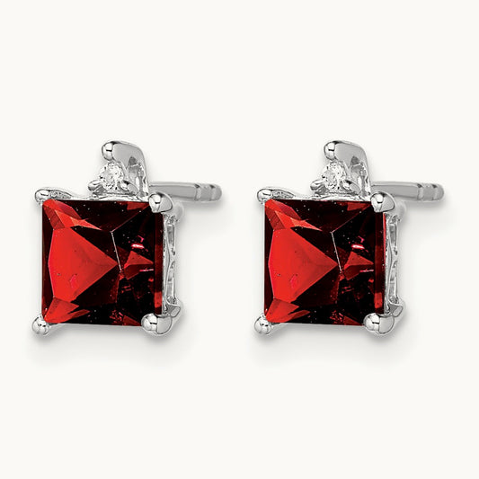 Princess Garnet and Diamond Earrings, 14K White Gold