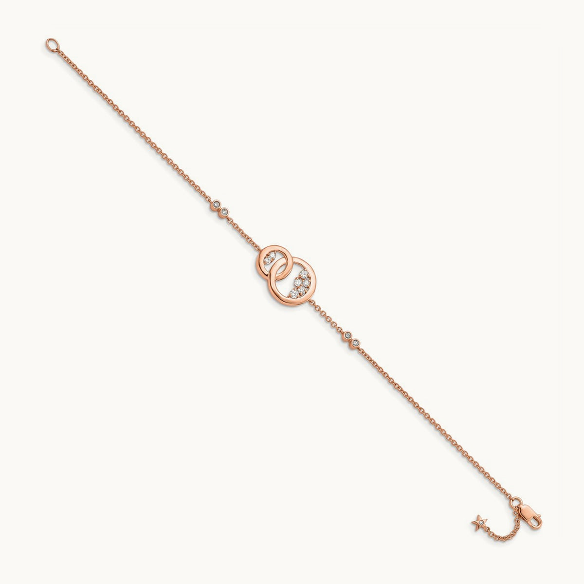 Diamond Double Circle w/Star Dangle 7in Bracelet, 14K Rose Gold