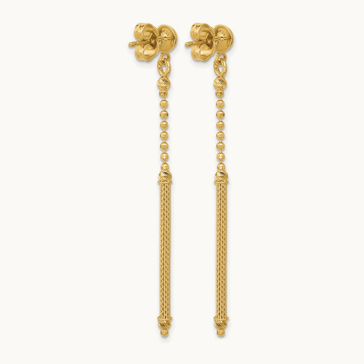 Polish/Texture/Dia-cut Bead w/Bar Dangle Post Earrings, 14K — Leslie's