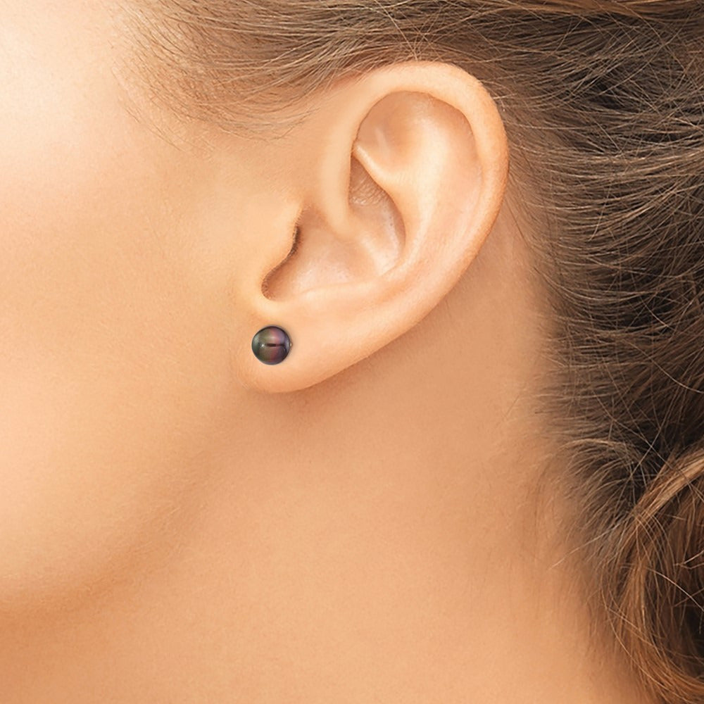 Black Button Freshwater Cultured Pearl Stud Post Earrings — 14K Yellow Gold