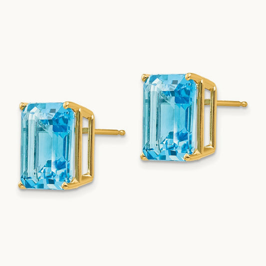 12x10mm Emerald Cut Blue Topaz Earrings, 14K