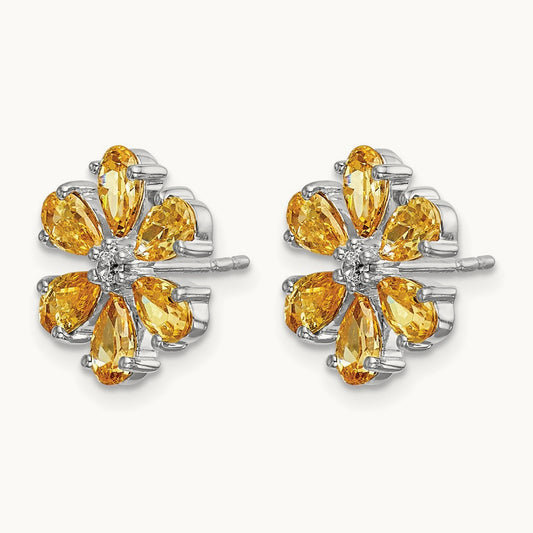 Diamond Citrine Flower Earrings, 14K White Gold