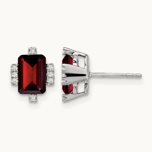Emerald-shape Garnet and Diamond Earrings, 14K White Gold