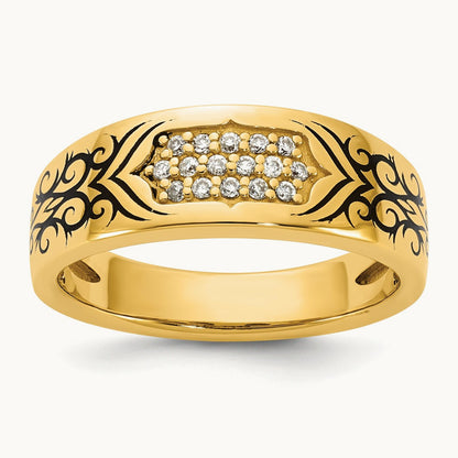 Antiqued IB Goodman Scroll Mens Complete 1/5ct Diamond Ring, 14K Yellow Gold
