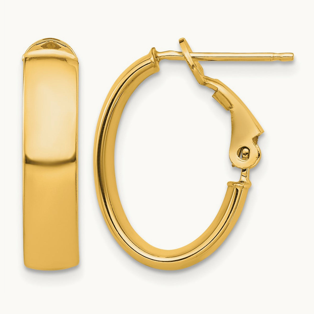 High Polished Omega Back Oval Hoop Earrings — 14K Yellow Gold