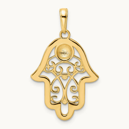 & White Rhodium D/C Evil Eye Filigree Hamsa Pendant, 14K