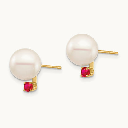 8- White Round Freshwater Cultured Pearl Ruby Post Earrings, 8.5mm, 14K