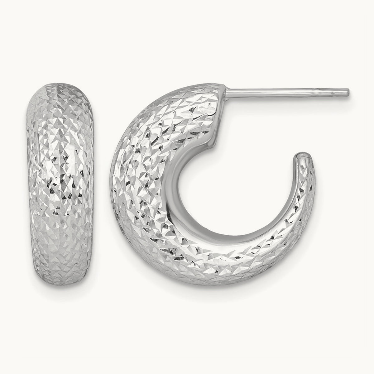 Polished Diamond-cut Post Hoop Earrings — 14K White Gold
